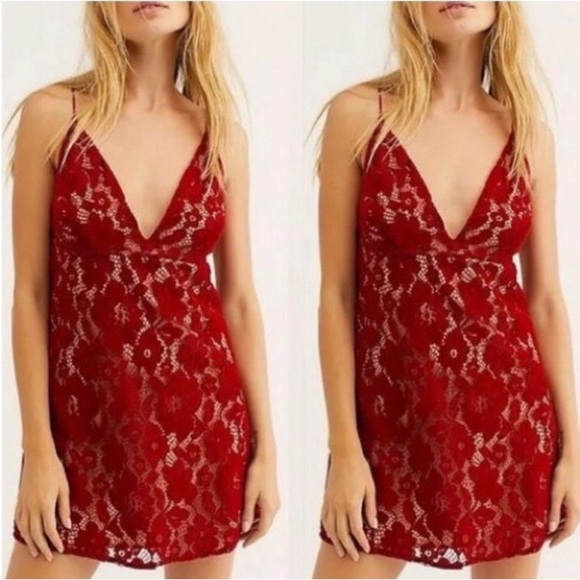 Free People Dangerous Love Mini Dress Lace Overlay Red Size 4 - Picture 3 of 11